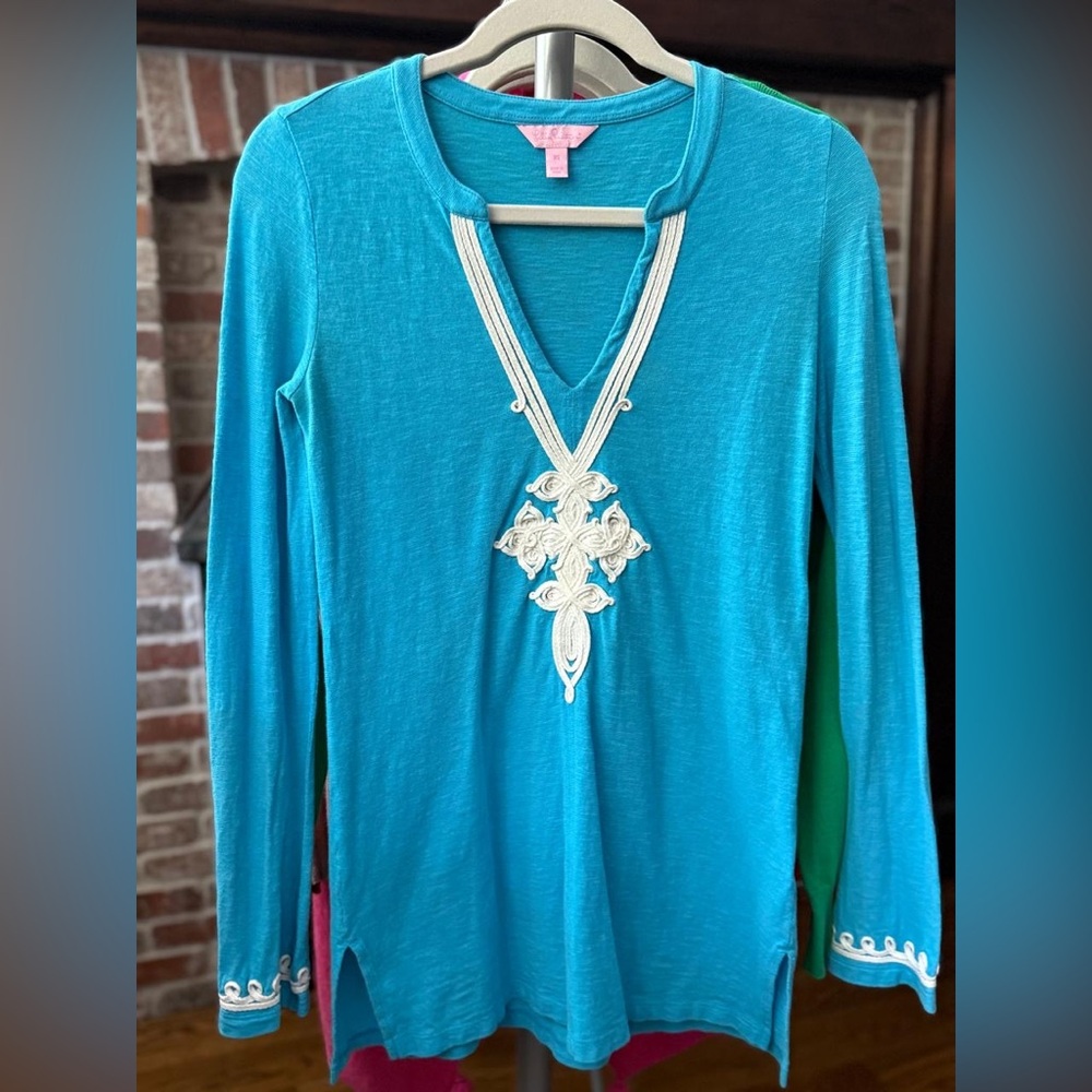 Calypso St. Barths blue Long Sleeve cotton Tunic with White Embroidery